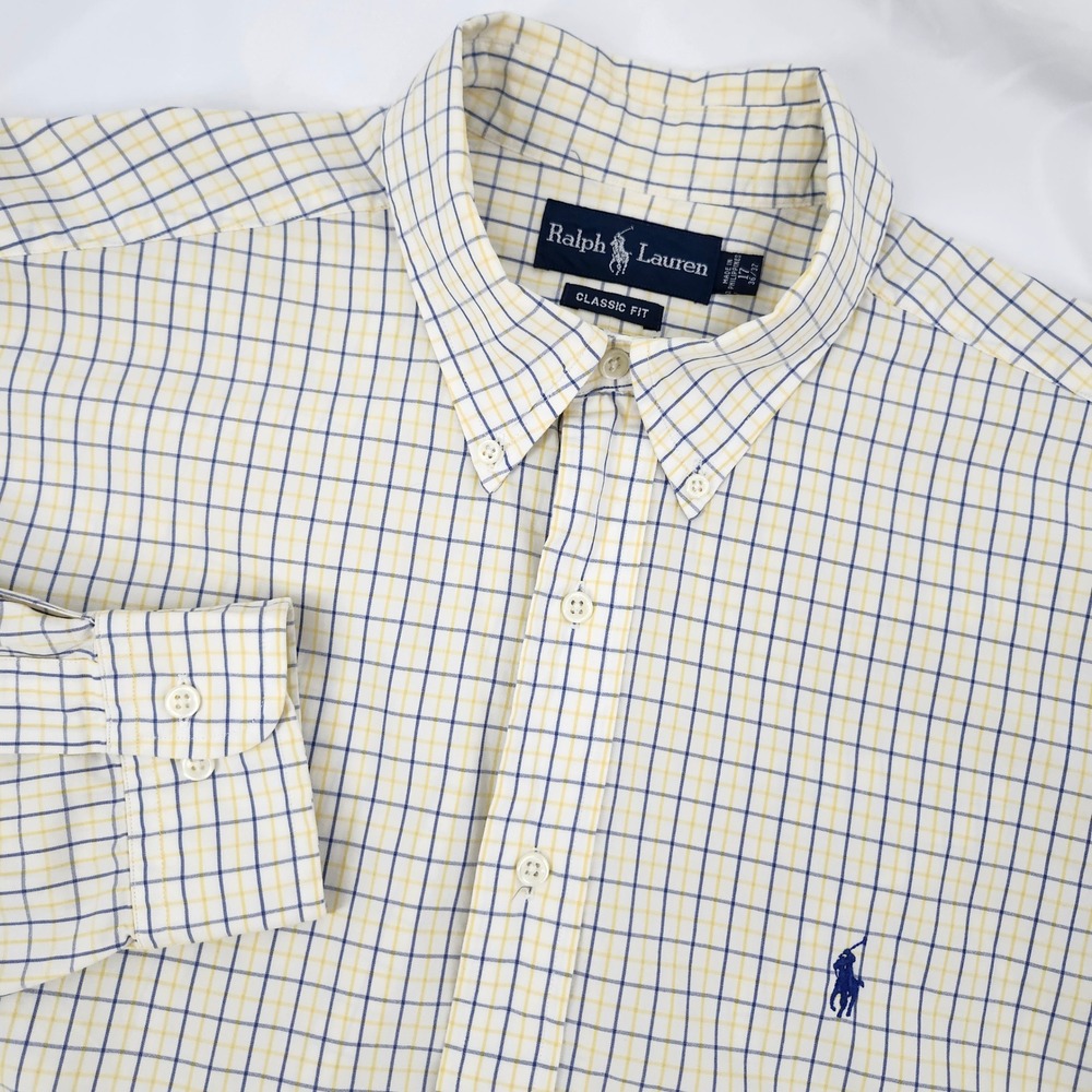 Ralph Lauren Mens Yellow Blue Tattersall Button Down Shirt Size 17 36/37 Preppy